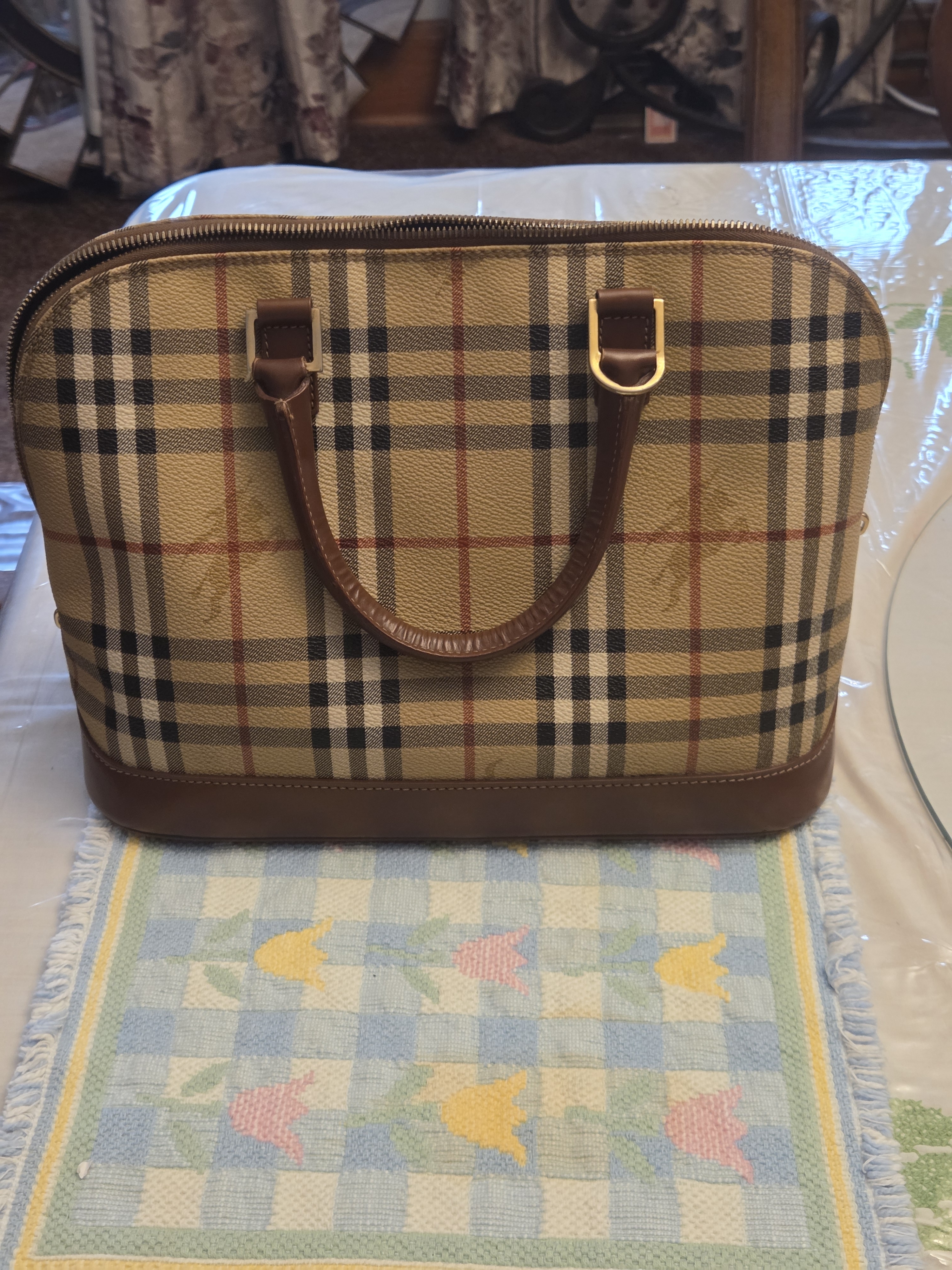 Burberry Beige Plaid Satchel With Brown Leather And Gold Hardware